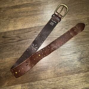 ALDO Boho Brown Leather Cutout Studded Belt M Brass Buckle